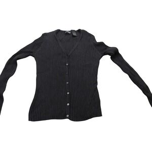 EXPRESS Black Ribbed‎ Knit V Neck Button Up Cardigan Sweater Top Size L